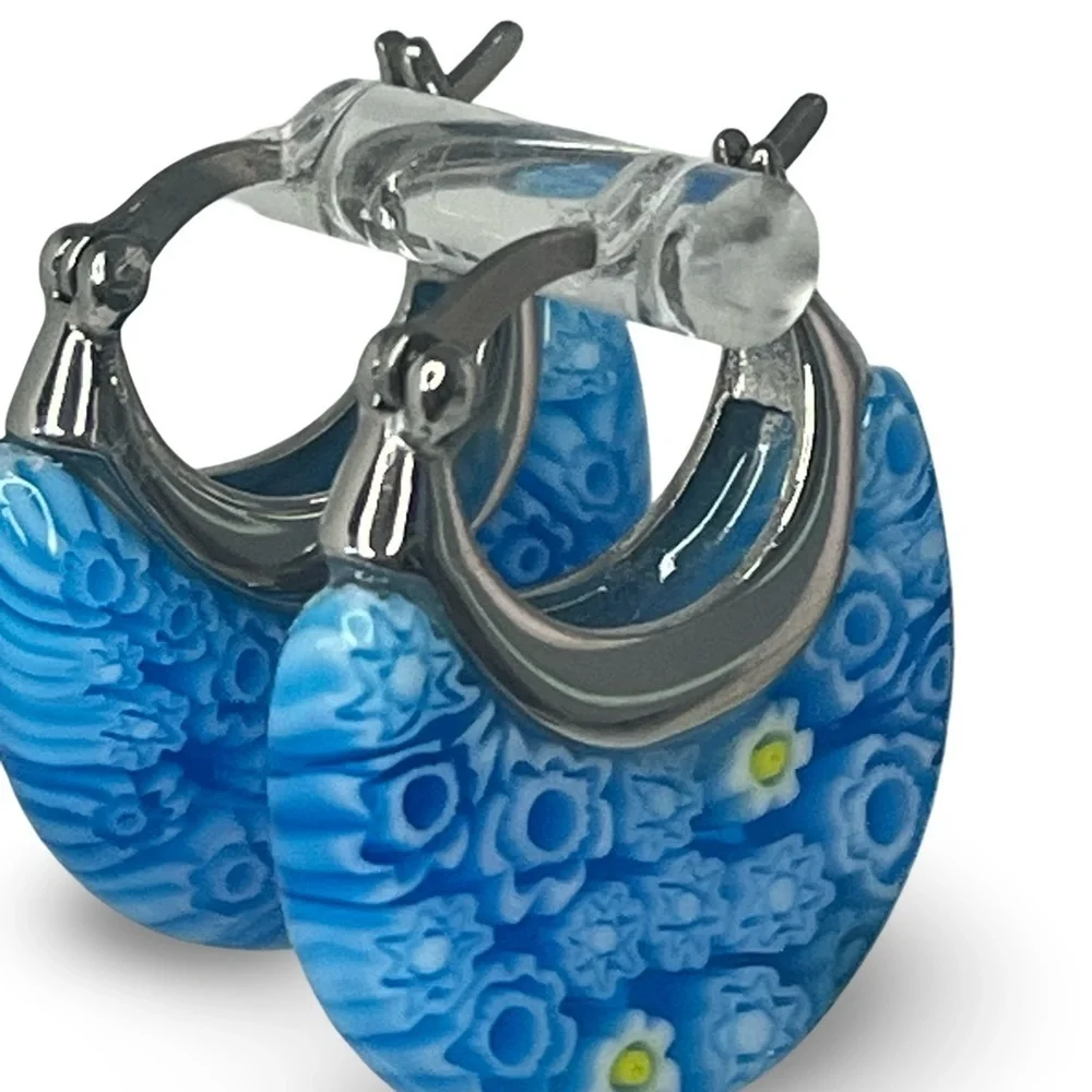 Murano Glass Millefiori Surgical Steel Hoop Earrings Blue Floral Pattern